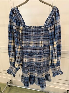 LoveShackFancy Blue Plaid Smocked Puff-Sleeve Mini Dress